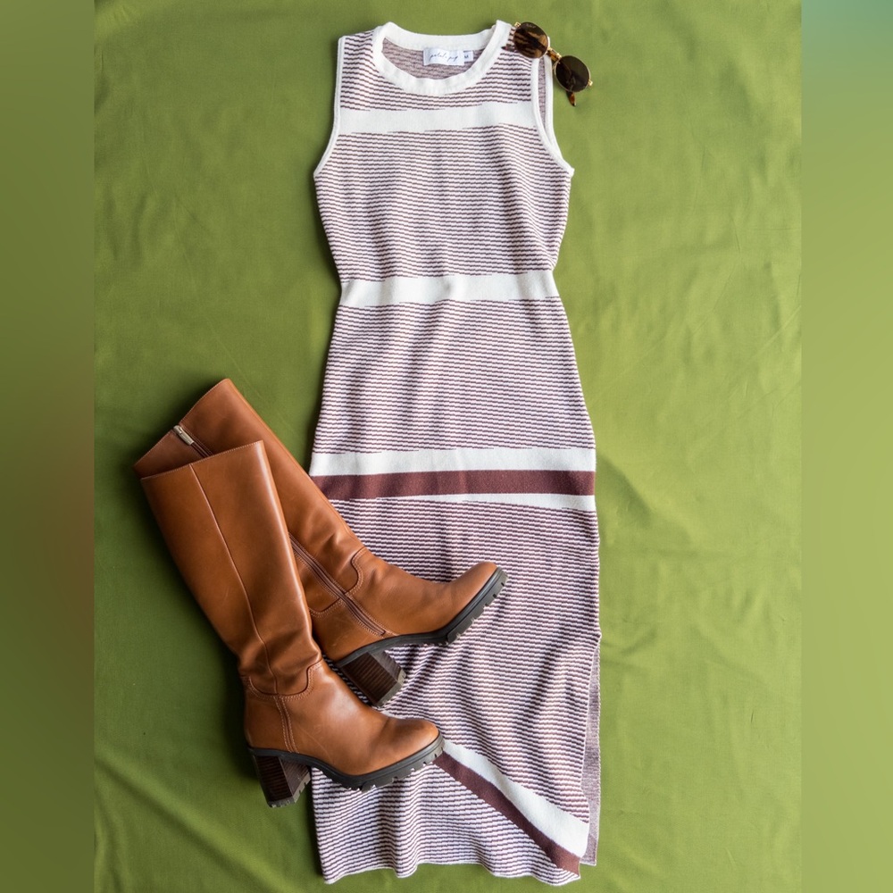 Petal + Pup Brown Cream Striped Knit Midi Dress Sleeveless Sweater Dress Size M